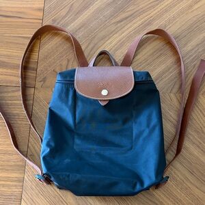 Longchamp Le Pliage Sac A Dos Modele Depose Black Backpack Brown Leather Trim